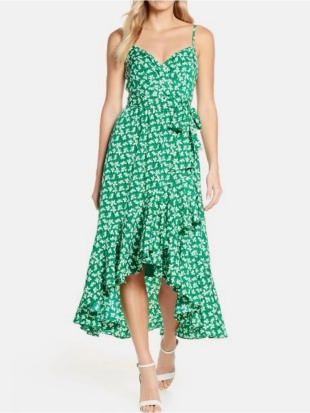 Eliza J Green Floral High-Low Faux Wrap Sundress SZ 6 EUC $148